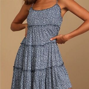 Lulus Sitting in the Sun Navy Blue Floral Print Ruffled Babydoll Dress